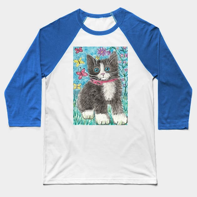 Tuxedo kitten cat  flowers Baseball T-Shirt by SamsArtworks